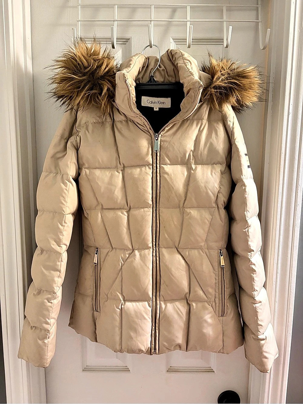 Calvin Klein Faux Fur Trim Hooded Puffer Jacket Beige XS
